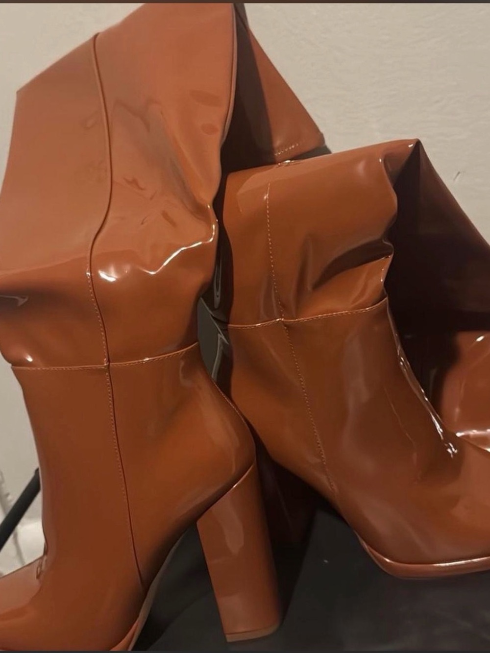 Patent Leather Thigh-High Block Heel Boots in Rich Cognac